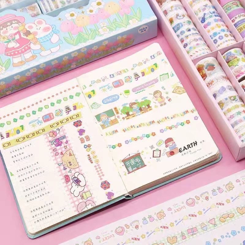 HỘP SET 100 CUỘN WASHI TAPE BĂNG KEO TRANG TRÍ STICKERS NOTEBOOK PLANNER BULLET JOURNAL 2022 SIÊU RẺ BÉ GÁI PHI HÀNH GIA