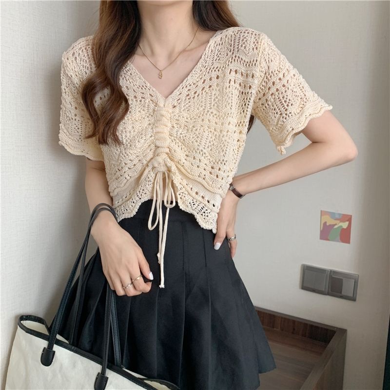 Áo Thun Dệt Kim Tay Ngắn Cổ Chữ V Phối Dây Rút Thời Trang Mùa Hè Phong Cách Hàn Quốc Cho Nữ JH-TX-157