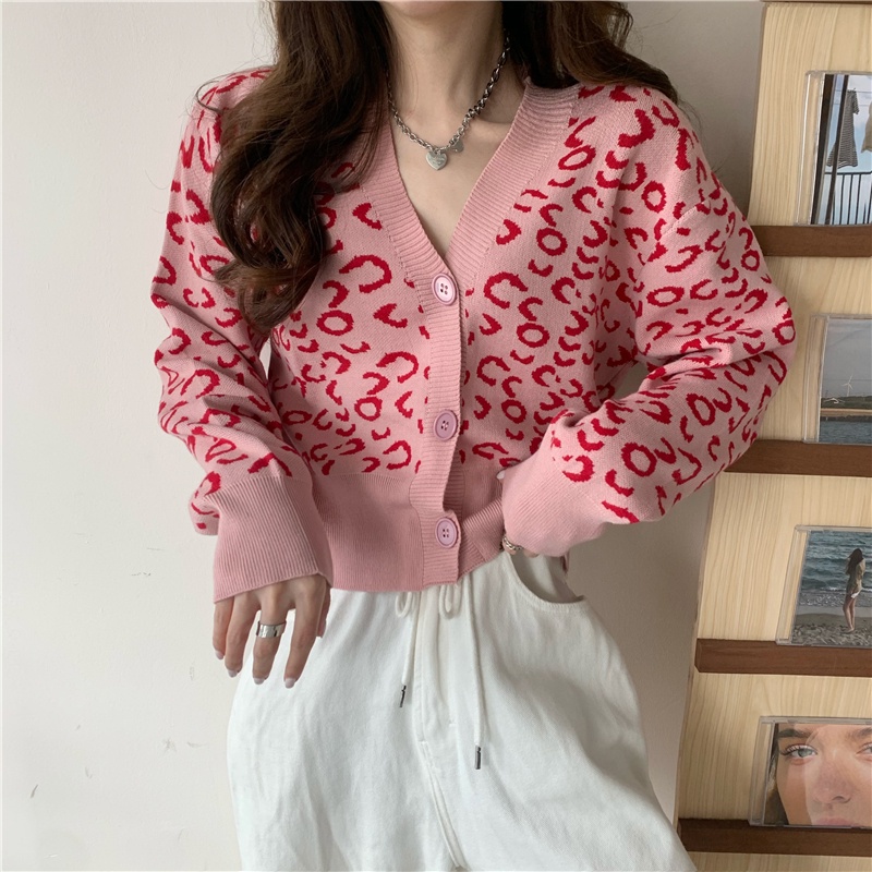 Áo Khoác Cardigan Dệt Kim Cổ Chữ V Hoạ Tiết Da Báo Thời Trang Mùa Đông