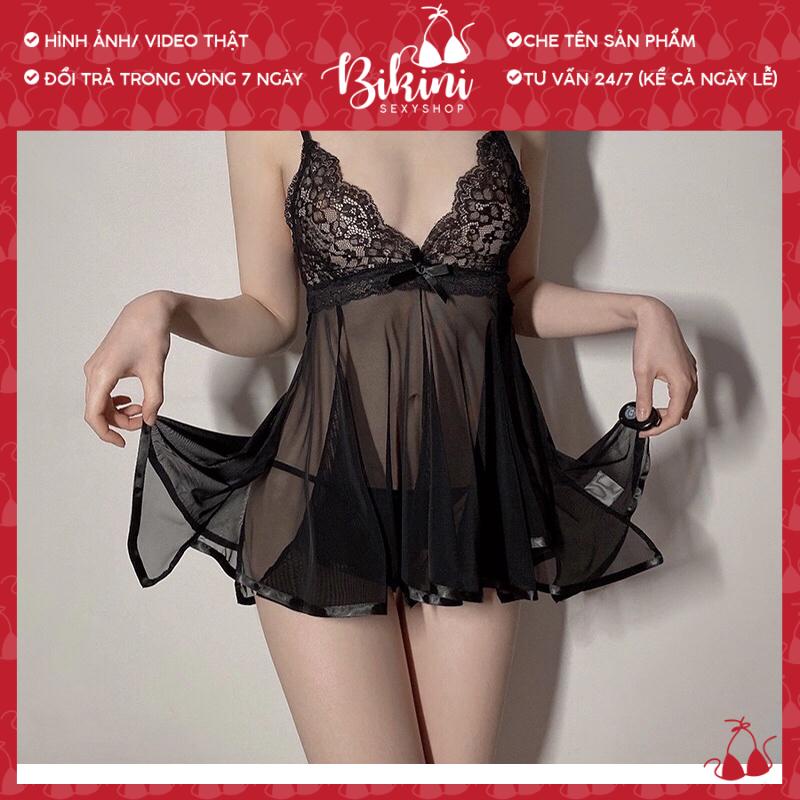 ❣️ Váy ngủ 2 dây  xuyên thấu phối ren ngực gợi cảm kèm chip lọt khe freesize màu đen/ trắng/ hồng SN017