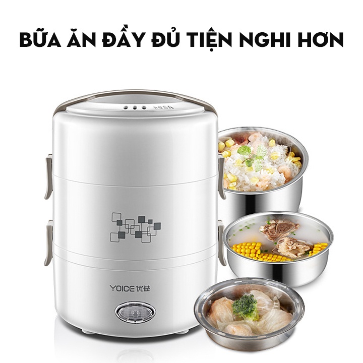 Hộp cơm giữ nhiệt hâm nóng đa năng Yoice 3 tầng ruột inox cao cấp giữ nóng thức ăn liên tục