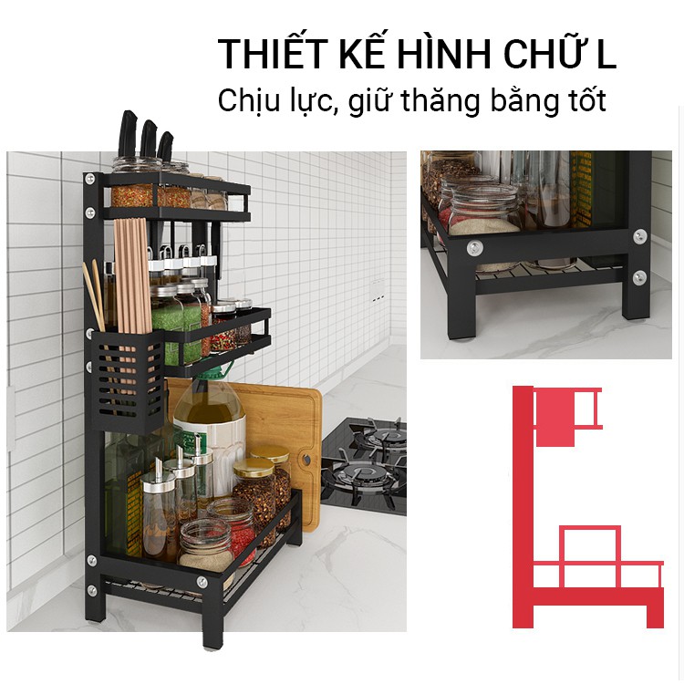 Kệ Gia Vị Đa Năng Cao Cấp, Sơn đen tĩnh điện 3 lớp an toàn, kệ để đồ nhà bếp 2 tầng, 3 tầng