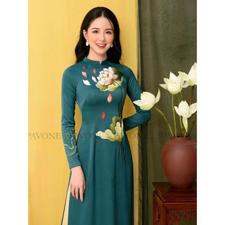 SET BỘ ÁO DÀI XANH LỤA TÂY THI THÊU HOA SEN QUÝ PHÁI - LS285400 - HÀNG THIẾT KẾ