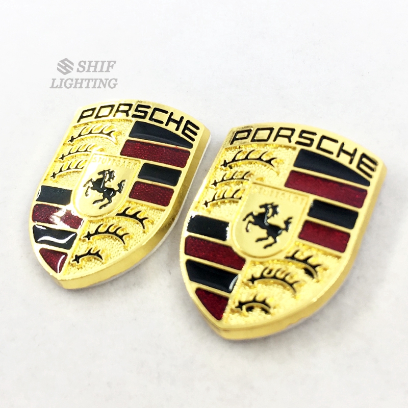 Set 2 logo xe PORSCHE kim loại màu vàng kim dập nổi trang trí xe hơi chất lượng cao