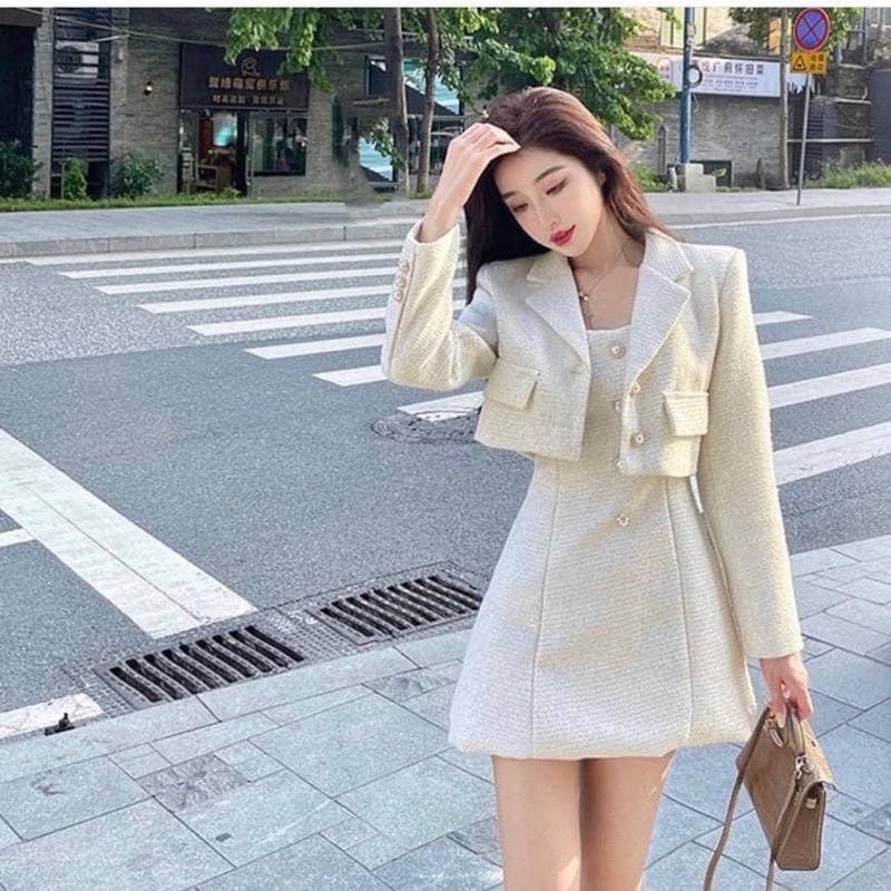 SET ĐẦM 2S DẠ BỐ + KHOÁC CROP ĐÍNH NÚT