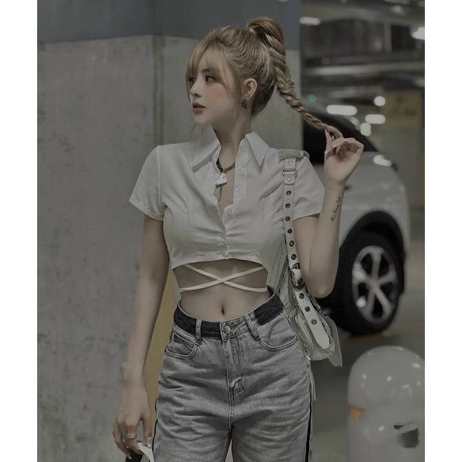 Áo sơmi croptop cột dây eo