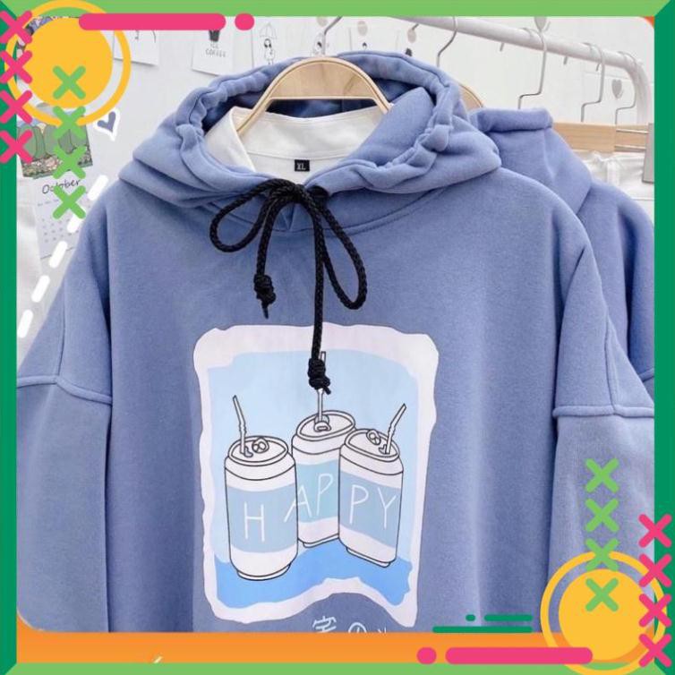 [Lên đồ là Sang]  Áo Hoodie 3 Lon Nước HAPPY Form Rộng Tay Phồng Y Hình