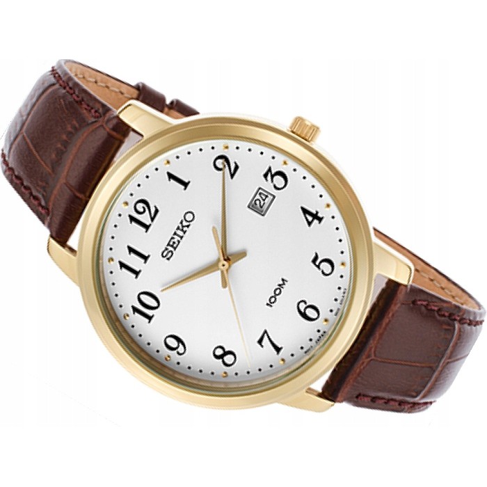 Đồng hồ nam Chính Hãng Seiko SUR114P1 - Dây Da - Mặt Số - 2 Kim Mạng Vàng - Bảo Hành