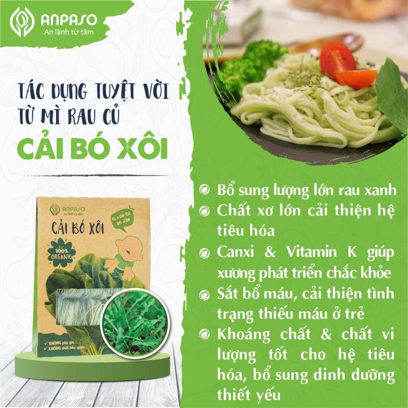 Mì Rau Củ Cải bó xôi Organic Ăn Dặm Cho Bé Hữu Cơ 300gam Anpaso