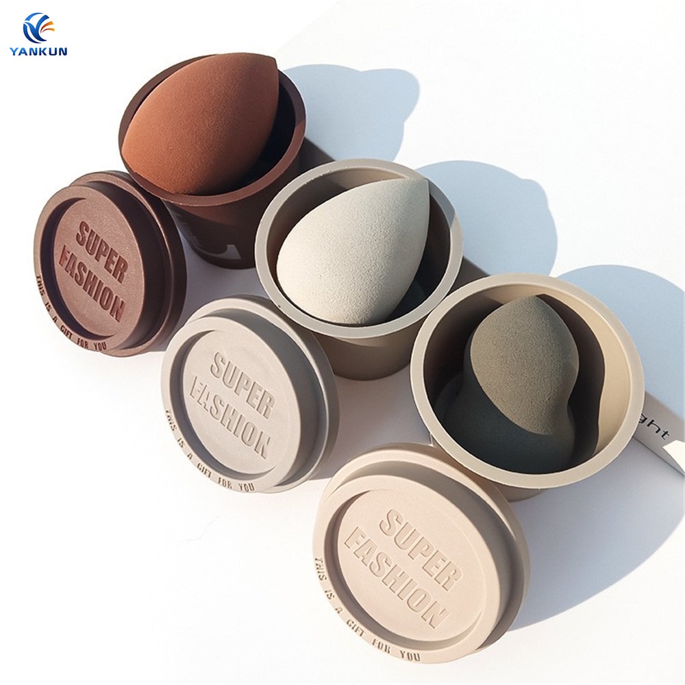 Set mút trang điểm mềm mại sử dụng khô và ướt tiện dụng + hộp đựng hình cốc cà phê dễ thương