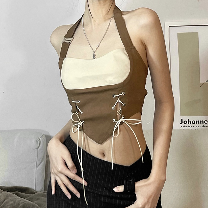 DUNEA Áo hai dây ôm dáng hở lưng màu tương phản thời trang dành cho nữ