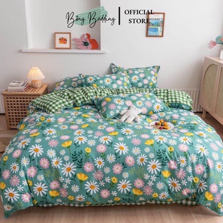 Bộ Chăn Ga Gối Cotton Poly Hoa Xanh Ga Caro Miễn Phí Bo Chun