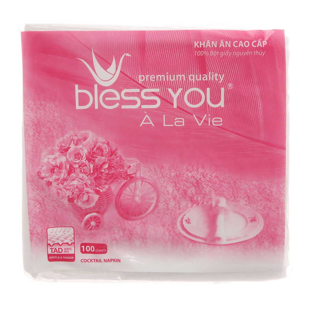 Khăn Giấy Ăn Bless You 1 Lớp Cao Cấp Gói 100 Tờ 23x23cm