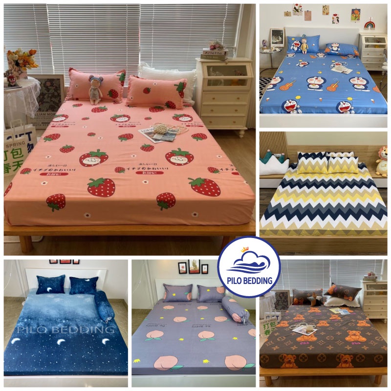 Bộ ga giường m6/m8,drap giường Poly Cotton,ga trải giường bo chun nệm + 2 vỏ gối nằm PILO bedding