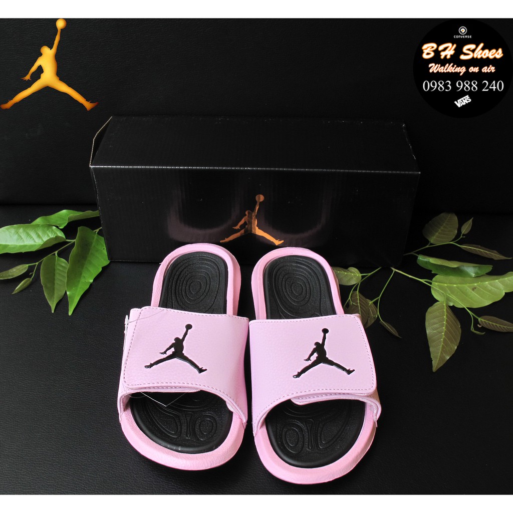 Dép JD Jordan bóng rổ FREE SHIP + hộp hãng + jordan đủ tem tag loại 1 hồng lót đen quai ngang dán nam nữ. BH Slippers