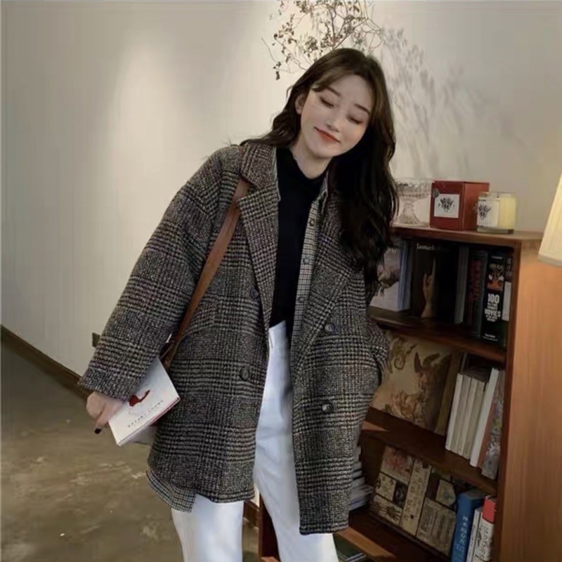 Áo khoác nữ dạ kẻ hai lớp dáng vừa 4 khuy Túi Đắp Ulzzang Hàn Quốc(Hình thật tự chụp/ sẵn)