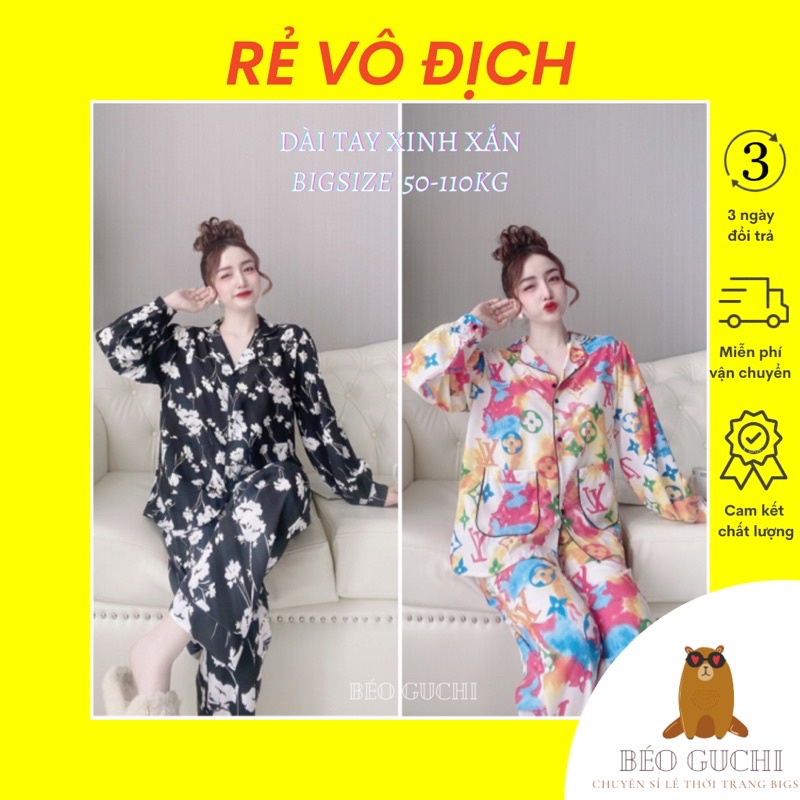Dài tay 50-110kg K3DT Béo Guchi Bigsize Pijama Lụa cao cấp-đồ bộ nữ đồ ngủ mặc nhà
