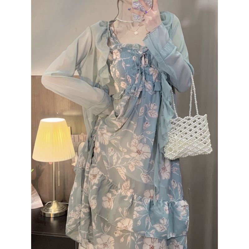 Bộ Đầm Hai Dây Dài Qua Gối Nhún Bèo + Áo Khoác Cardigan Chống Nắng Thời Trang Hàng Mới 2022