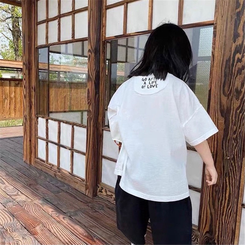 Hàng Có Sẵn Áo Thun Cotton Màu Đen/Trắng In Chữ Phong Cách Nhật Hàn Nhật Bản Thời Trang Cho Nam Và Nữ Trẻ Em