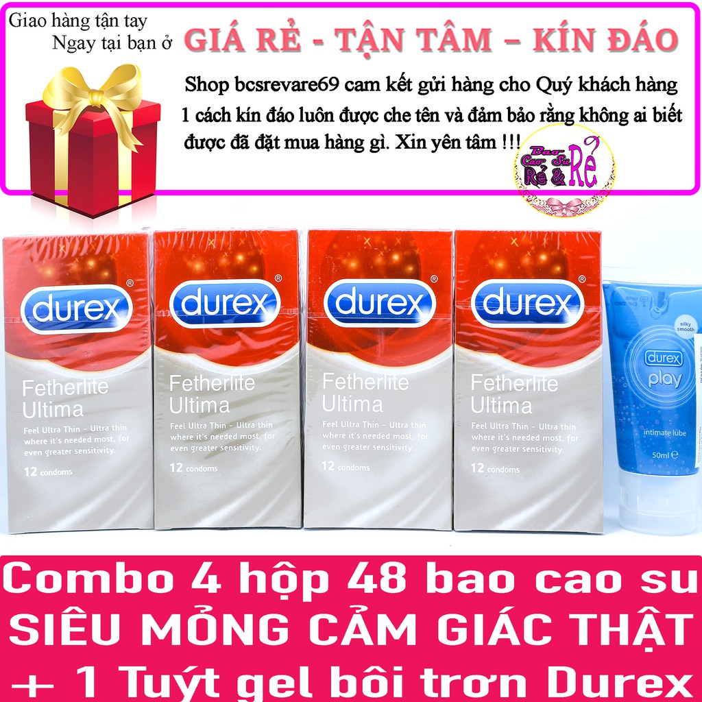 [FREE SHIP] Combo 4 Hộp 48 cái Bao Cao Su SIÊU MỎNG Durex Fetherlite Ultima + 1 tuýt gel bôi trơn Durex Play