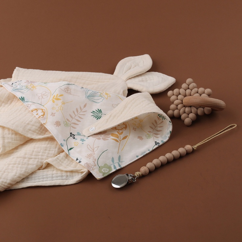 Set 4 Yếm Ăn Cotton Phối Dây Xích Kẹp Núm Vú Giả / Khăn Lau Miệng Cho Bé Sơ Sinh