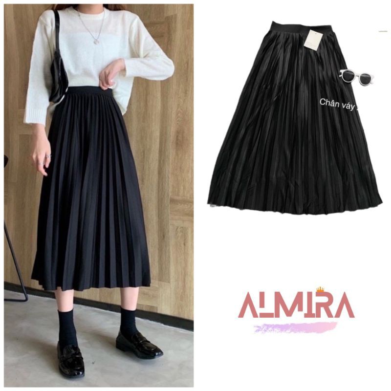 [RẺ VÔ ĐỊCH] Chân Váy Dài Dập Ly, Chân Váy Midi Ulzzang Màu Đen