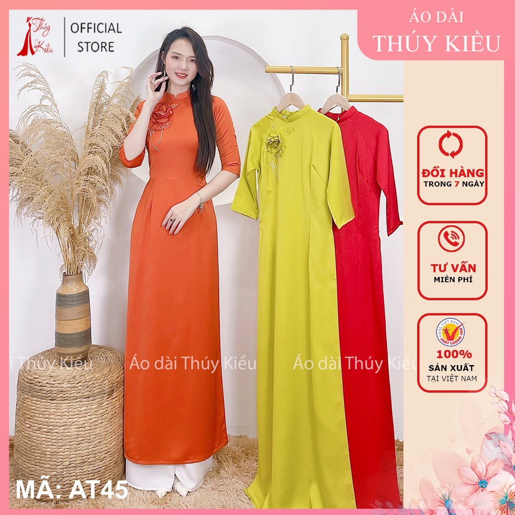 Áo dài lụa Tây Thy nền cam đính nhành hoa AT45 mềm mại, co giãn, áo dài giá rẻ