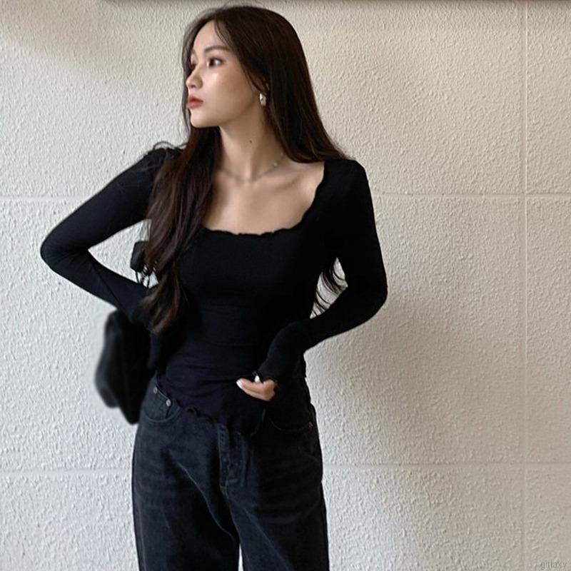 Áo thun tay dài cổ tròn màu sắc đơn giản phong cách thời trang Hàn Quốc