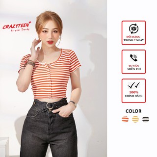 Áo croptop nữ CRAZYTEEN thun ngắn tay kẻ sọc phối khuy AT0135