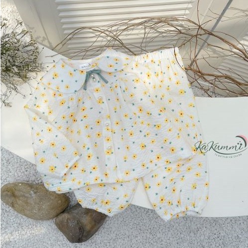 Bộ quần áo dài tay cổ sen cho bé gái 8-18kg, set quần áo dài tay đũi nhăn buộc nơ cổ 21BD126 Kakummi
