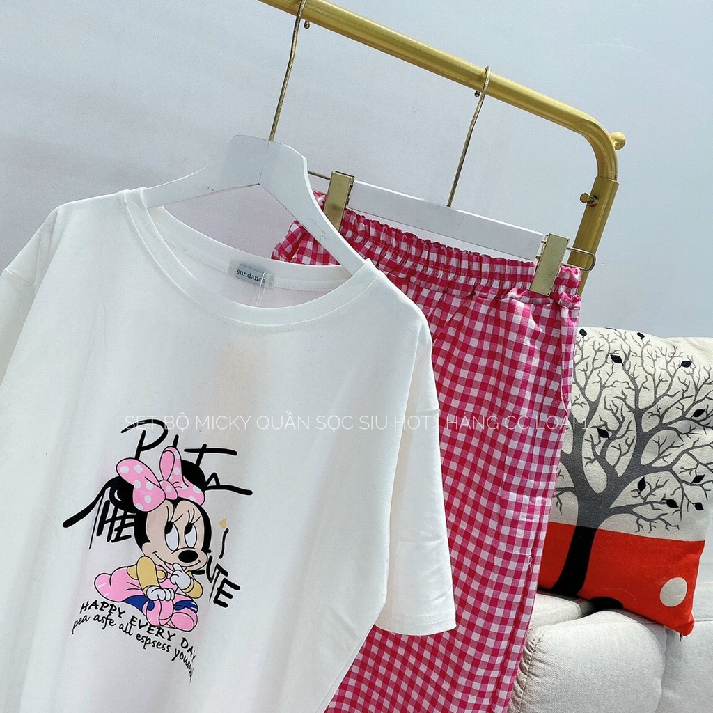 Bộ đồ mặc nhà nữ in chuột micky conton tàu ,quần kẻ caro siu kute.