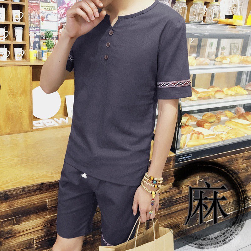 Chinese-Style Casual Men's Linen Suit Shorts Men's Short-SleeveTT-shirt Cotton and Linen Suit Men's Clothing A56 P35