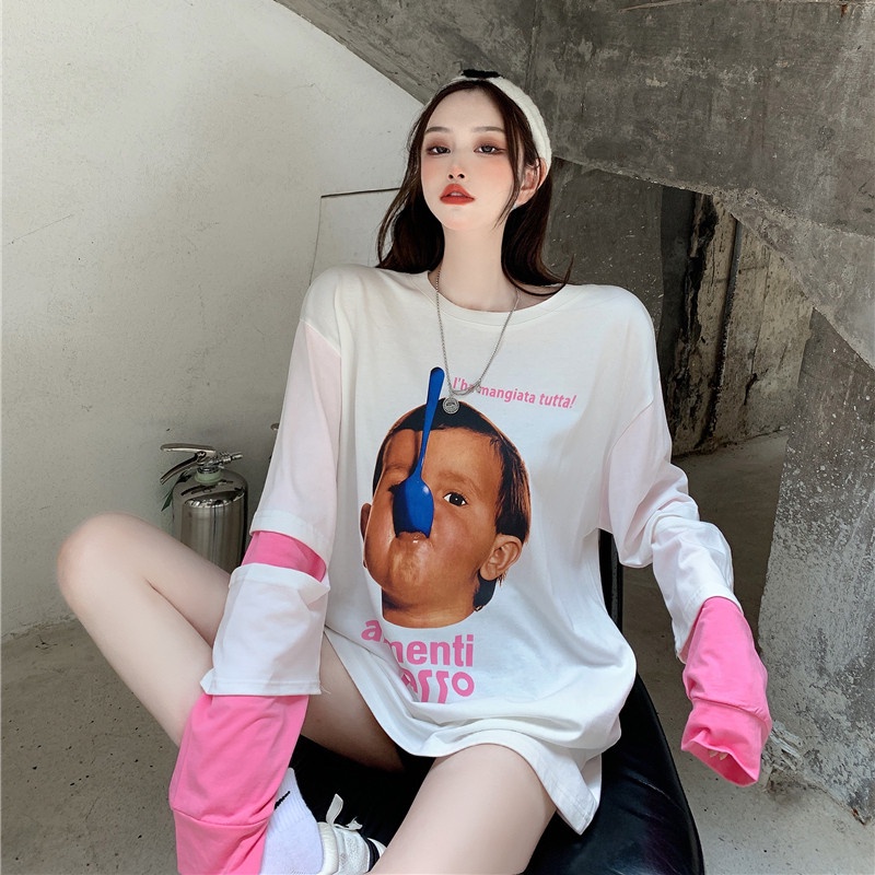 Áo Sweater tay dài cổ tròn dáng rộng màu sắc tương phản phong cách hiphop mỹ