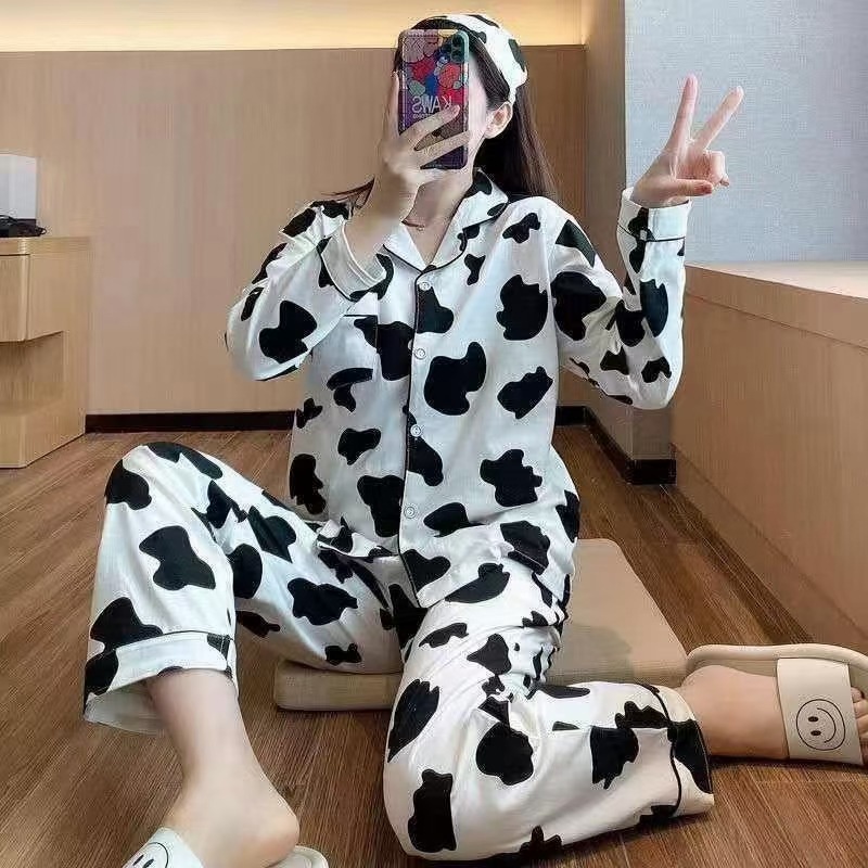 Đồ bộ pijama nữ dài tay TOZZO chất liệu thun họa tiết bò sữa dễ thương form bigsize 45-62Kg PZDD01