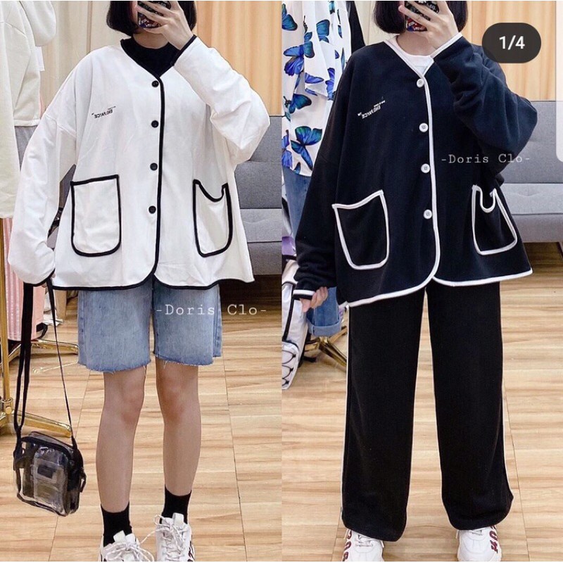 Áo khoác nỉ, áo hoodie nữ from rộng hai túi có nút nam nữ mix đều ngầu chất nỉ bông dày mịn giữ ấm tốt