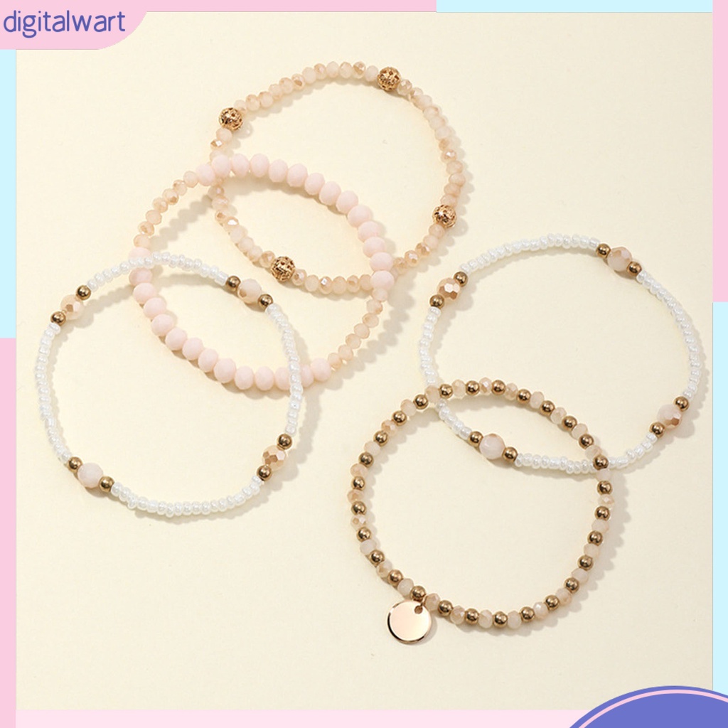 Set 5 Vòng Tay Chuỗi Hạt Co Giãn Màu Vàng / Bạc Thời Trang Cho Nữ