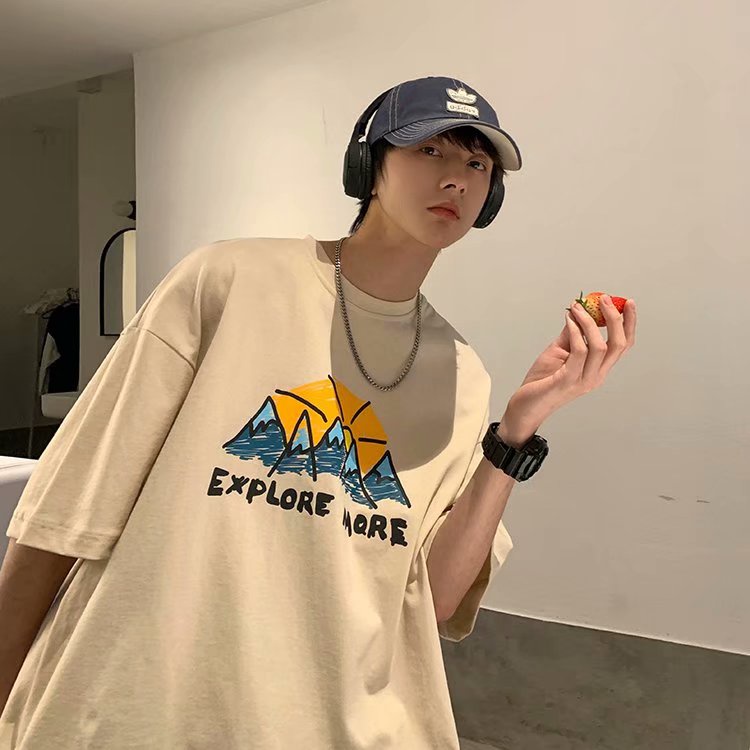 Áo thun tay ngắn cổ tròn dáng rộng in họa tiết hoạt hình phong cách Nhật Bản thời trang cho nam size M-5XL