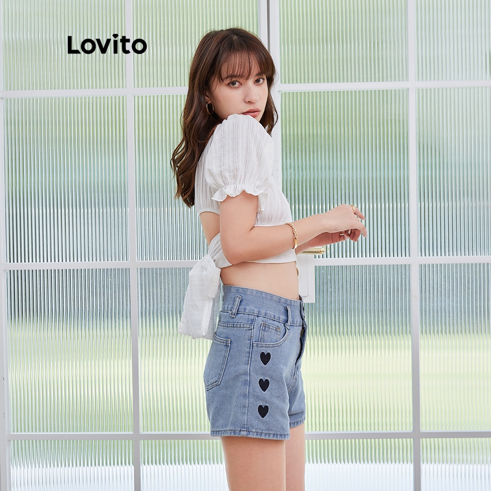 Áo Kiểu Lovito Màu Trơn Ôm Dáng Cột Sau Lưng Tay Ngắn Phồng Viền Xếp Nếp Thường Ngày L04180 (Màu Trắng)