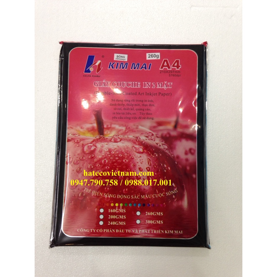 Giấy Couche bóng Kim Mai in 2 mặt 260g , 50 tờ/ xấp A4