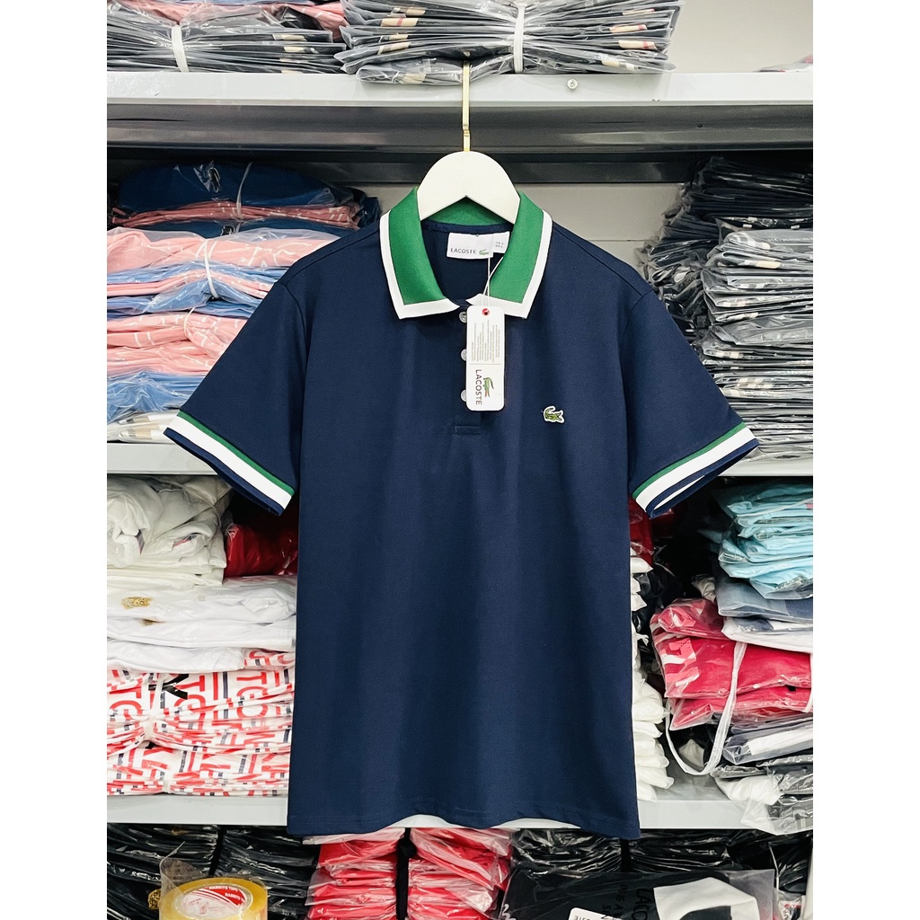 [HÌNH THẬT] ÁO THUN CỔ TRỤ LACOSTE XANH ĐEN VIỀN CỔ VNXK   - COTTON CÁ SẤU 100%