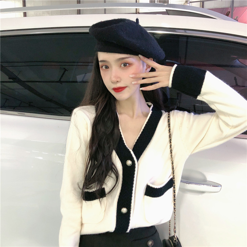 Áo Khoác Cardigan Dệt Kim Mỏng Tay Dài Cổ Chữ V Phối Màu Dễ Thương 173050 Chanel