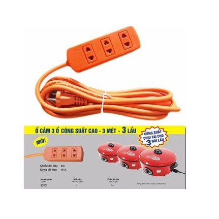 Ổ Cắm Điện 3 Lổ Cấm 16A 3m LIOA S3TC Công Suất Cho 3 Nồi Lẩu