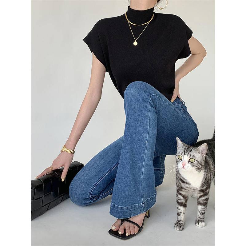 Áo Thun Dệt Kim Cổ Cao Tay Cộc Dáng Rộng Thời Trang Xuân Hè Cho Nữ