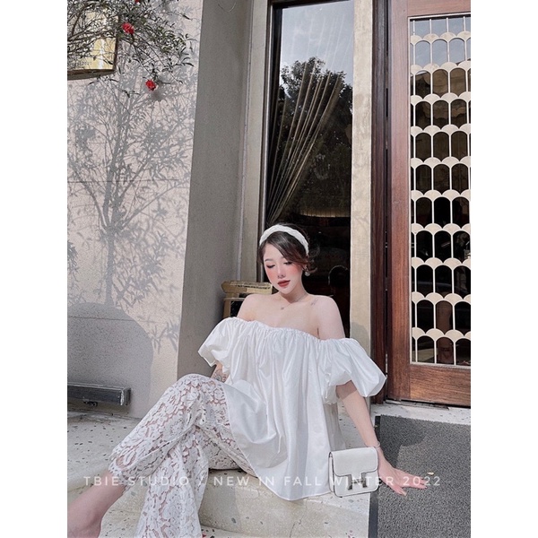 THUYBIESHOP | Set áo trễ vai tay bồng quần xuông ren ( ảnh thật shop chụp )
