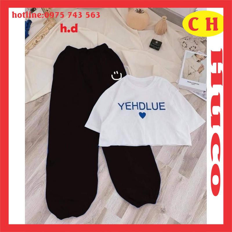 áo thun croptop ngắn tay yeh tim chất cotton + quần dài bom chun ống logo miệng cười, sét đồ bộ nữ mặc đi chơi freesize