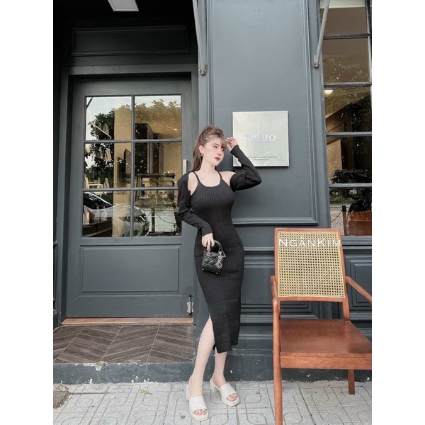 Set váy len yếm tăm dây kèm áo khoác len tăm dáng lỡ dài tay