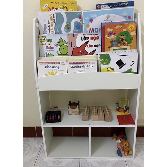 Kệ sách, giá sách cho bé, kệ sách gỗ kết hợp, kệ sách 3 tầng Montessori KS02-60