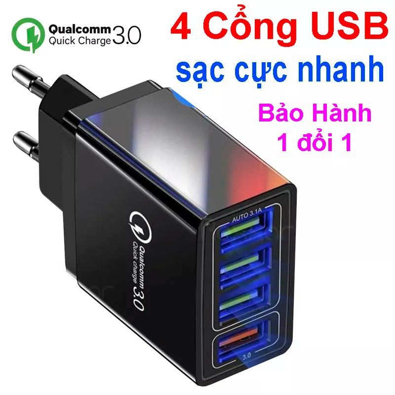 Củ Sạc Nhanh Qualcomm QC 3.0 (4 Cổng USB), Chip Thông Minh An Toàn cho đa dòng điện thoại, ipad (Q4)