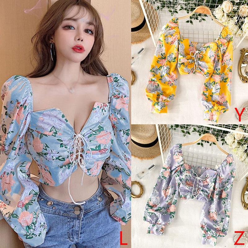 Áo Sơ Mi Lửng Tay Dài Rút Dây In Hoa Gợi Cảm Phong Cách Hàn Quốc Thời Trang Cho Phụ Nữ