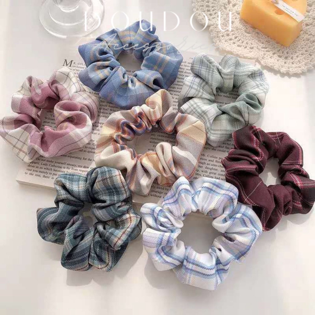 Dây buộc tóc Scrunchies Doudou Dây cột tóc vải hoạ tiết caro mix màu phong cách JK nữ sinh trung học thời trang FQ001